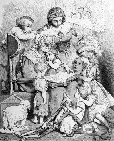 Grandmother telling a story to her grandchildren, illustrated title page from 